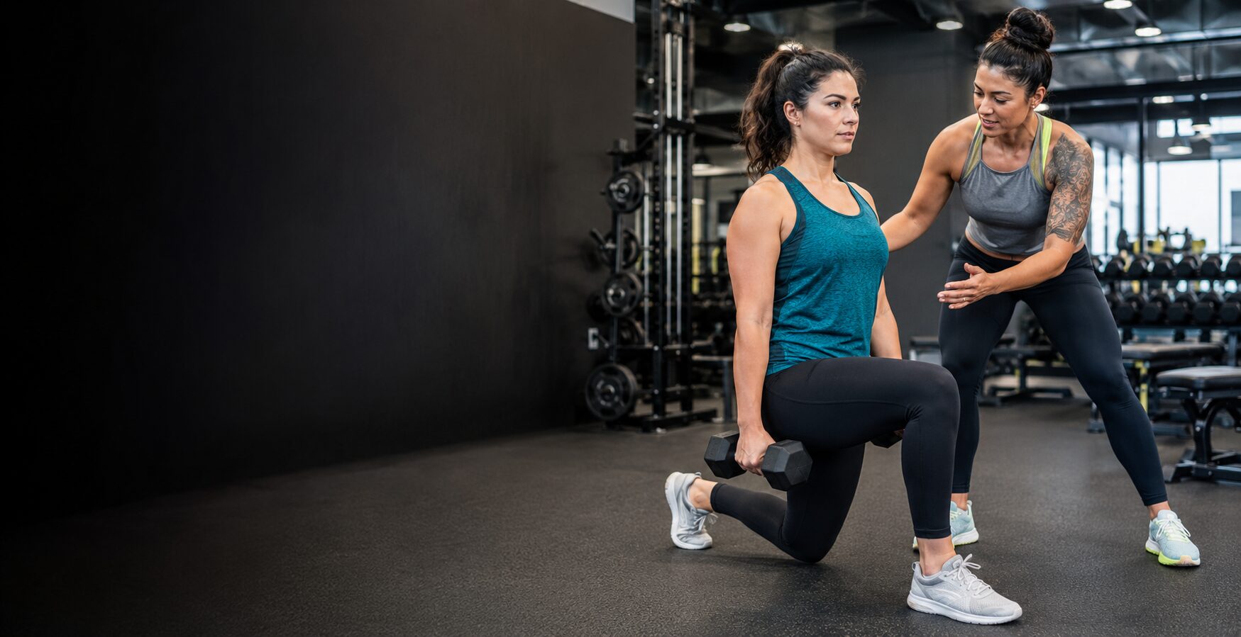 A client performing a dumbbell lunge while receiving exercise guidance in a gym