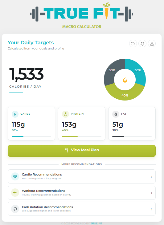 Updated True Fit Macro Wizard daily targets interface showing calories and macronutrient recommendations